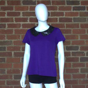 Milly of New York | Purple Shirt | Black Sequin Collar | Button Up Back | M